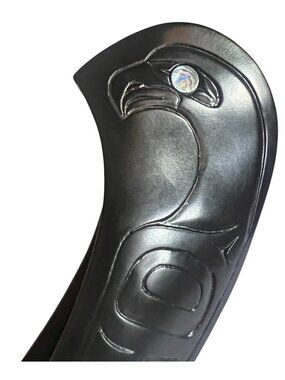 First Nations Pearlite Canoe Sculpture Black Engraved Sun Fish & Raven MOP eyes